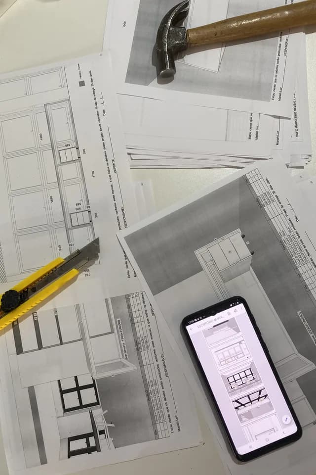 Projetos de marcenaria do escritório espalhados sobre a mesa, com martelo, estilete e um celular exibindo a planta do espaço.