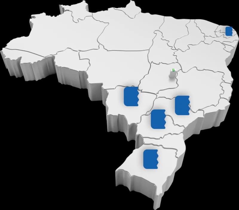 Mapa do Brasil em relevo com marcadores nos estados onde o Tour está presente